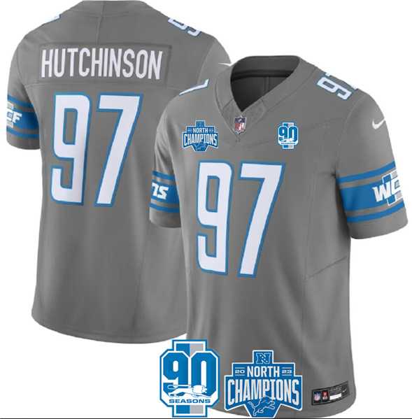 Men & Women & Youth Detroit Lions #97 Aidan Hutchinson Gray 2023 90th Anniversary North Division Champions Patch Limited Stitched Jersey
